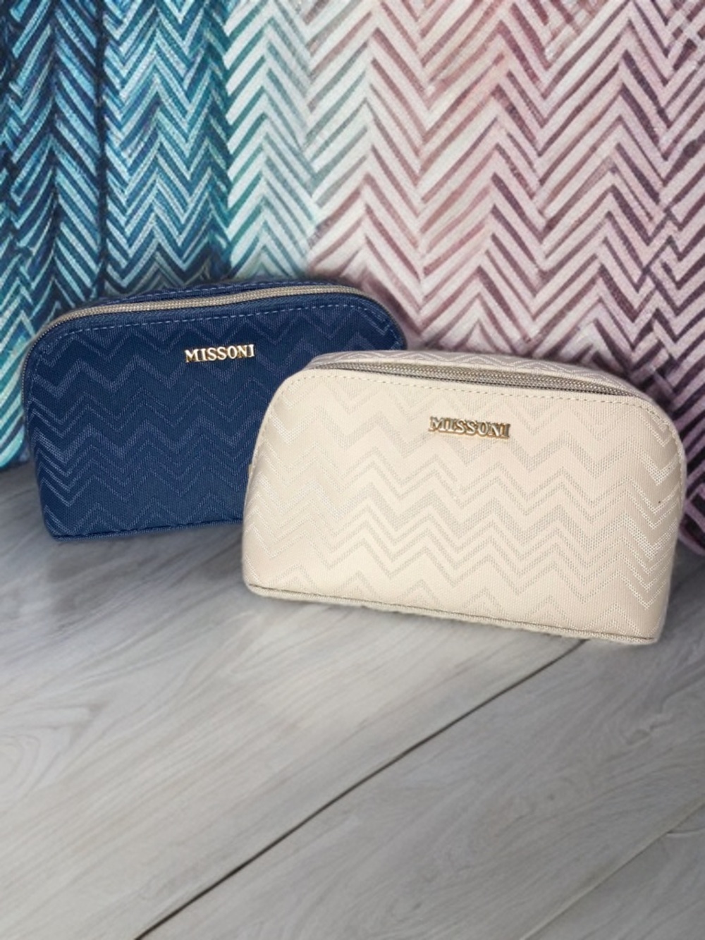 Delta One X Missoni Zip Makeup Bag Set Blue Beige Cosmetic Cases Masks LOT Of 2